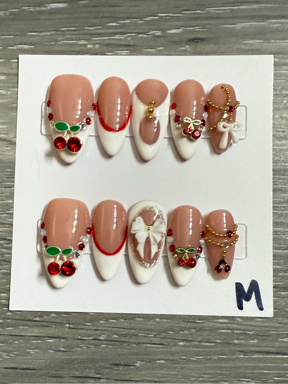 Nude & White Cherry Nail Set with Gold Accents